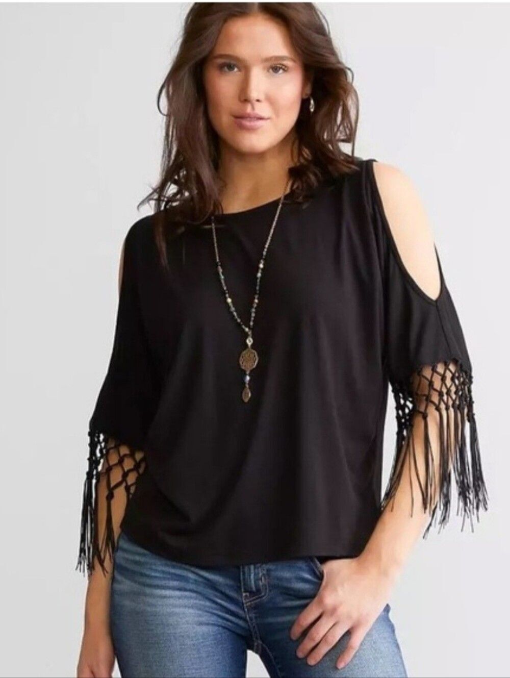 Daytrip Black Cold Shoulder Fringe Top - Boho Weaved Tassel Sleeve Shirt Small